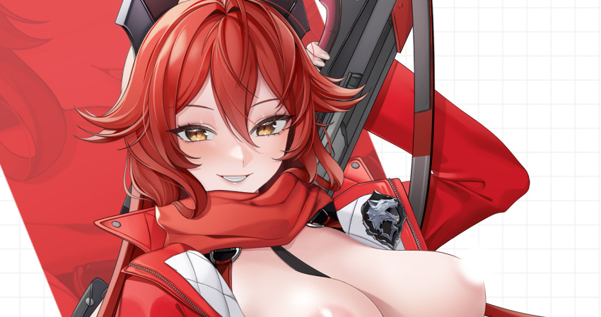 1girl ahoge akaisu blush breasts censored censored_nipples cleavage commentary cropped_jacket fingerless_gloves gloves goddess_of_victory:_nikke grin gun hair_between_eyes holding holding_gun holding_weapon horns jacket large_breasts leather leather_jacket long_hair long_sleeves looking_at_viewer mechanical_horns open_clothes open_jacketpants paid_reward_available red_hair red_hood_(nikke) red_jacket red_scarf rifle scarf sidelocks smile sniper_rifle solo suspenders teeth unzipped weapon white_background yellow_eyes