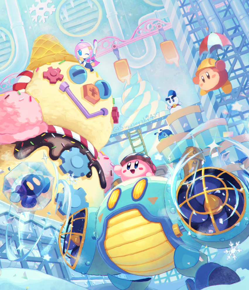 1girl chilly_(kirby) colored_skin electric_fan factory food gears haltworker hardhat helmet highres holding holding_umbrella ice_cream kirby kirby:_planet_robobot kirby_(series) ladder one_eye_closed pink_hair pink_skin popsicle robobot_armor smile snowflakes snowman solid_oval_eyes sprinkles susie_(kirby) suyasuyabi umbrella waddle_dee walf