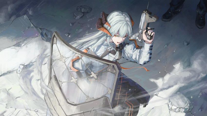 1girl 1other absurdres arknights black_skirt brown_eyes dragon_horns from_above grey_hair gun gyoukan_(jfxc) highres holding holding_gun holding_shield holding_weapon horns long_hair long_skirt long_sleeves open_mouth saria_(arknights) shield skirt solo_focus standing syringe_gun very_long_hair weapon