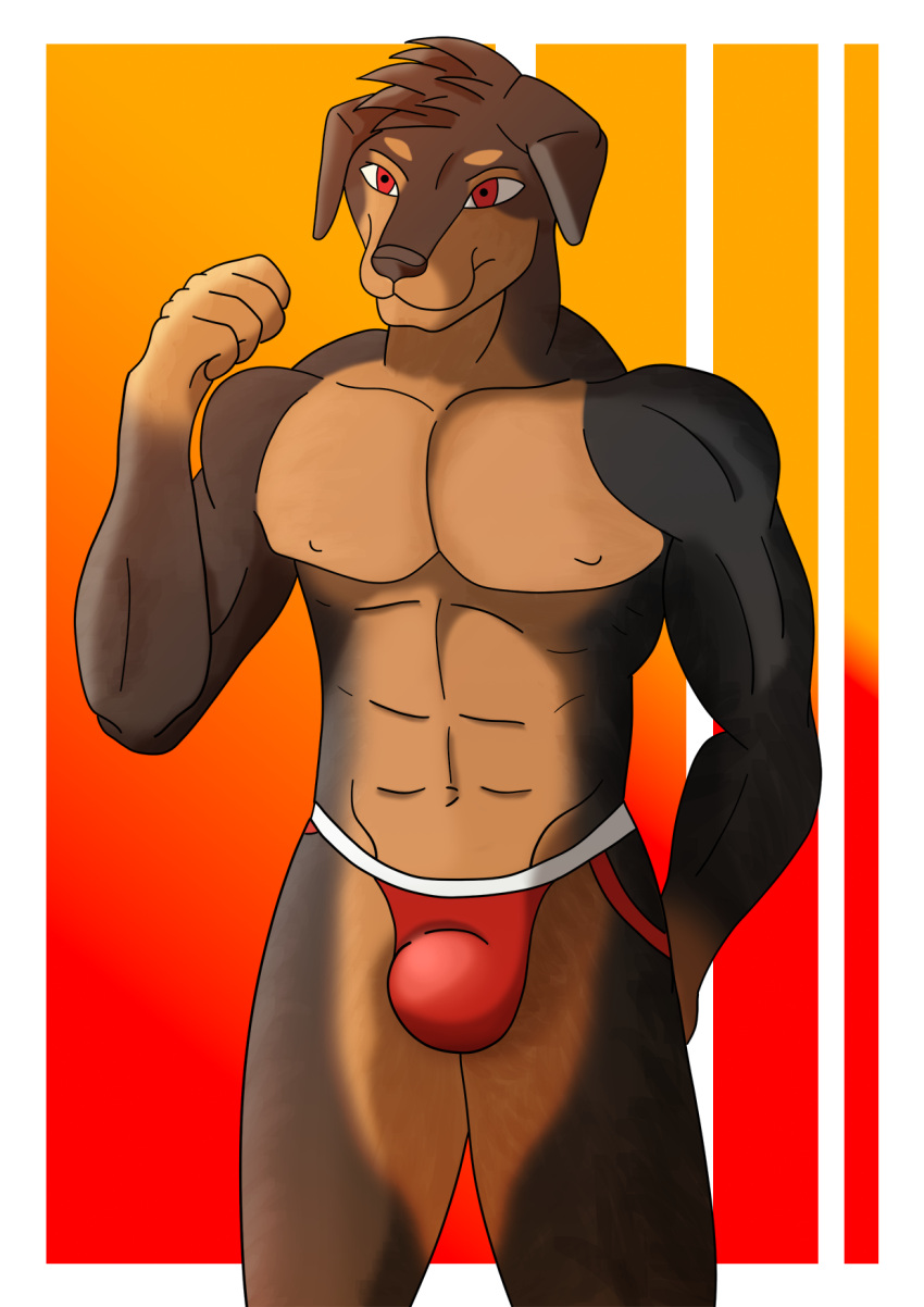 abs anthro biped black_body black_fur brown_body brown_fur bulge canid canine canis clothed clothing detailed_bulge domestic_dog fur hair hi_res jockstrap male mammal mastiff molosser muscular muscular_anthro muscular_male rottweiler simple_background solo underwear xzenonart