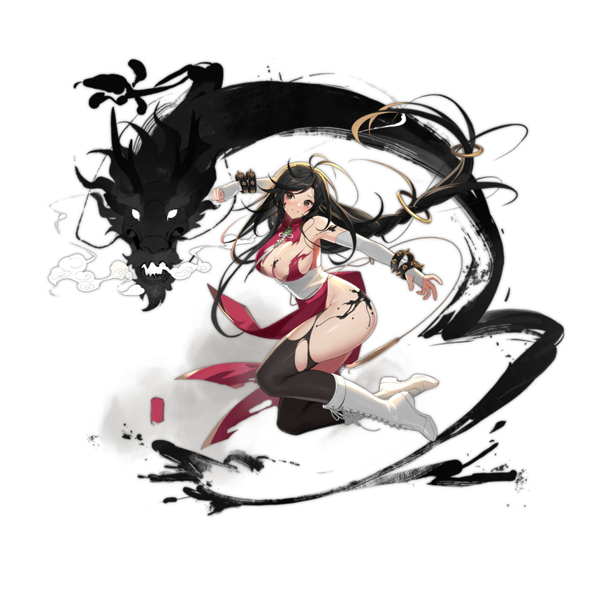 1girl bahao_diqiu black_eyes black_hair black_pantyhose blush boots bracelet breasts china_dress chinese_clothes cleavage clenched_hand clenched_teeth cross-laced_footwear dragon dress elbow_gloves fighting_stance full_body general_liu_(girls'_frontline) general_liu_(wandering_dragon_fist)_(girls'_frontline) girls'_frontline gloves highres ink ink_stain jewelry knee_boots lace-up_boots large_breasts long_hair looking_at_viewer messy_hair midair no_panties official_alternate_costume official_art pantyhose red_dress ring_hair_ornament simple_background solo spiked_bracelet spikes teeth third-party_source torn_clothes torn_dress torn_pantyhose transparent_background very_long_hair white_bridal_gauntlets white_footwear white_gloves