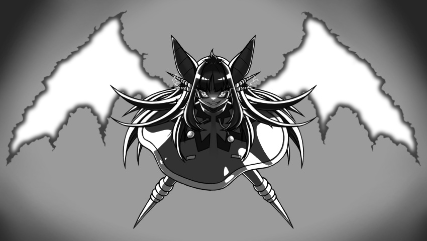 1girl absurdres animal_ears bat_ears bat_girl bat_wings commentary dynatron_(mighty_no._9) electricity energy_wings english_commentary fangs full_body fusion grey_background greyscale grin highres indie_virtual_youtuber joints long_hair looking_at_viewer mighty_no._9 monochrome moriko_kyoho no_feet poncho robot robot_girl robot_joints simple_background smile solo umbrant very_long_hair virtual_youtuber whiskers wings