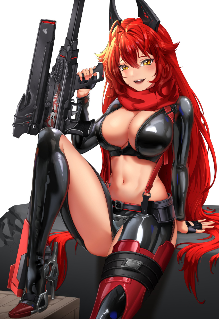 1girl :d absurdres antenna_hair arm_support belt black_belt black_footwear black_gloves black_jacket black_pants blush boots breasts cleavage cropped_jacket crotch_plate english_commentary fang fingerless_gloves gloves goddess_of_victory:_nikke gun hair_between_eyes high_heel_boots high_heels highres hip_vent holding holding_gun holding_weapon horns jacket large_breasts leather leather_jacket leather_pants long_hair long_sleeves looking_at_viewer mechanical_horns midriff navel open_mouth pants red_hair red_hood_(nikke) red_scarf rifle scarf sidelocks simple_background sitting smile sniper_rifle solo suspenders syde_b teeth unzipped upper_teeth_only weapon white_background wooden_box yellow_eyes