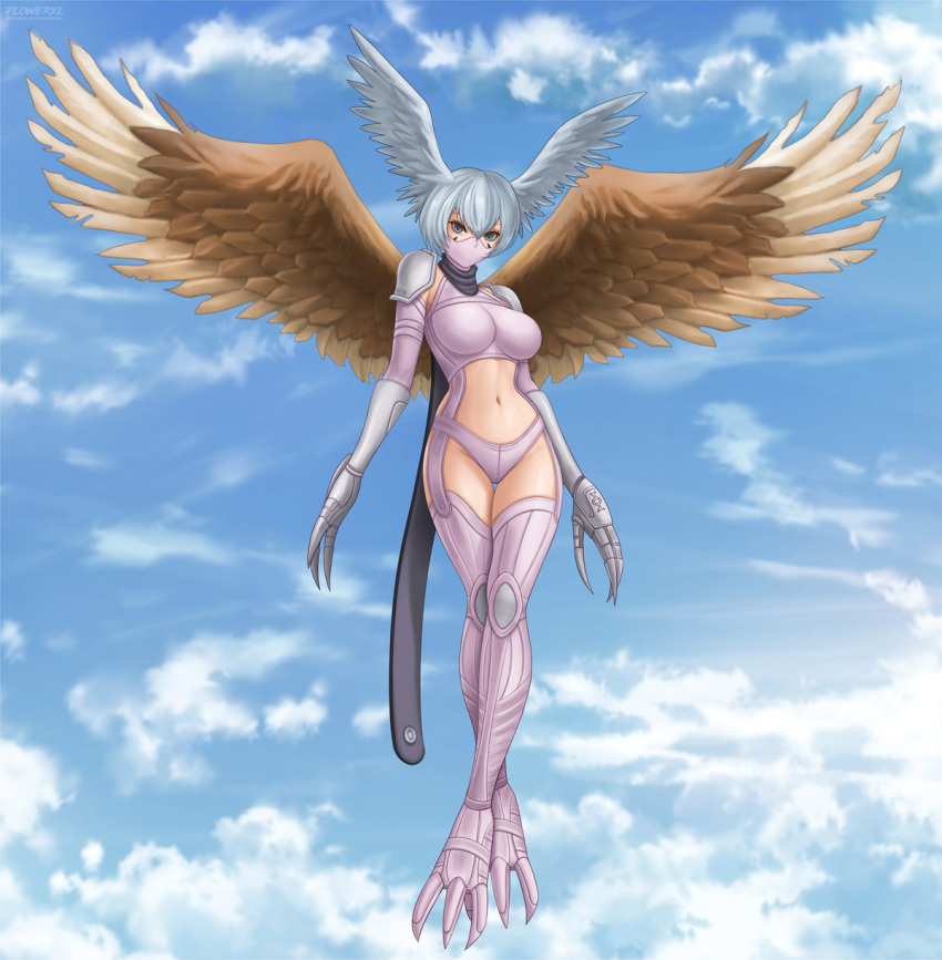 1girl bikini black_scarf blue_eyes blue_hair blue_sky boots breasts claws cloud commentary day digimon digimon_(creature) facial_mark feathered_wings floating flowerxl full_body garter_straps gauntlets gloves groin hair_between_eyes hair_wings highres large_breasts long_hair looking_at_viewer mask midriff mouth_mask navel purple_bikini purple_footwear scarf shoulder_pads shutumon sidelocks sky solo swimsuit thigh_boots thigh_gap wings