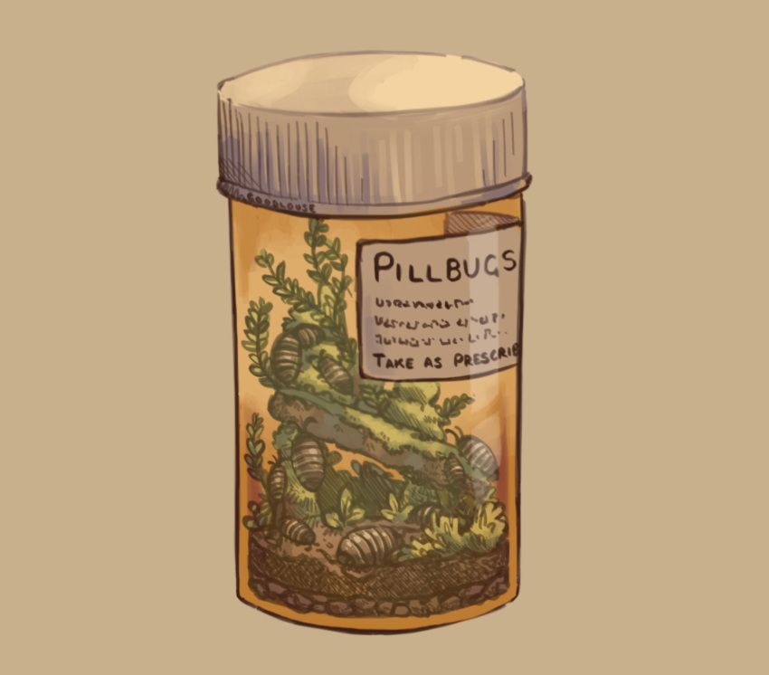 animal animal_focus artist_name bug commentary dirt english_commentary english_text everson_woodlouse green_background highres isopod jar label medicine medicine_bottle no_humans original pillbug plant simple_background