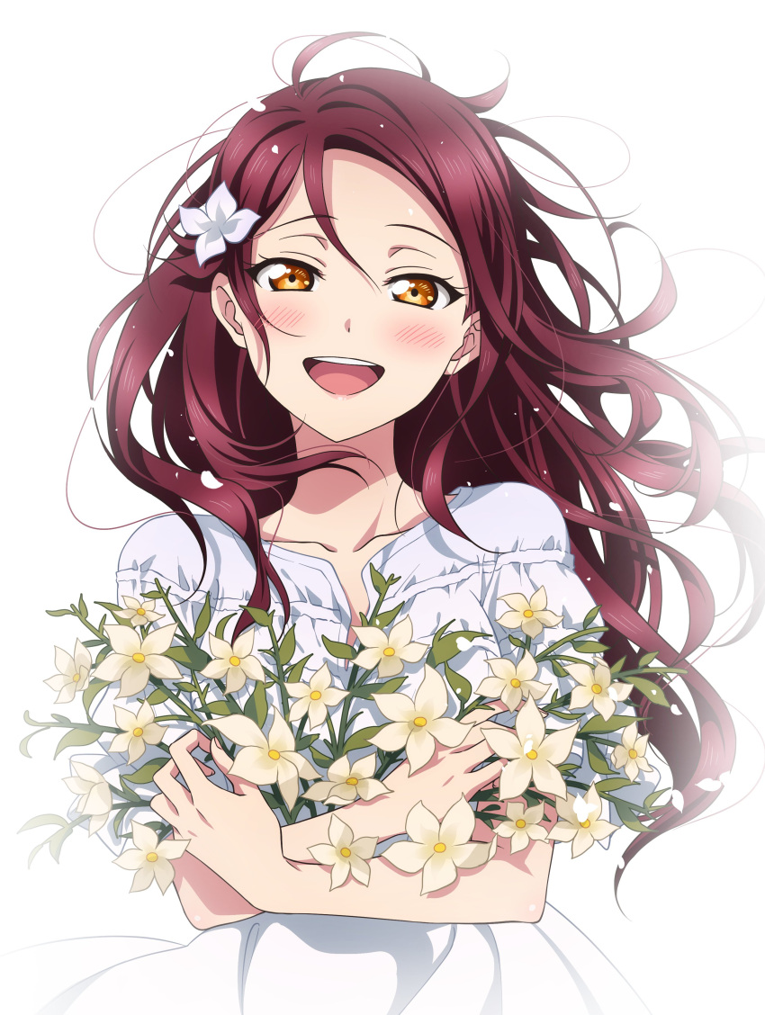 1girl absurdres birthday blush collarbone commentary dress flower hair_flower hair_ornament highres holding holding_flower kougi_hiroshi long_hair looking_at_viewer love_live! love_live!_sunshine!! red_hair sakurauchi_riko smile solo upper_body white_background white_dress yellow_eyes