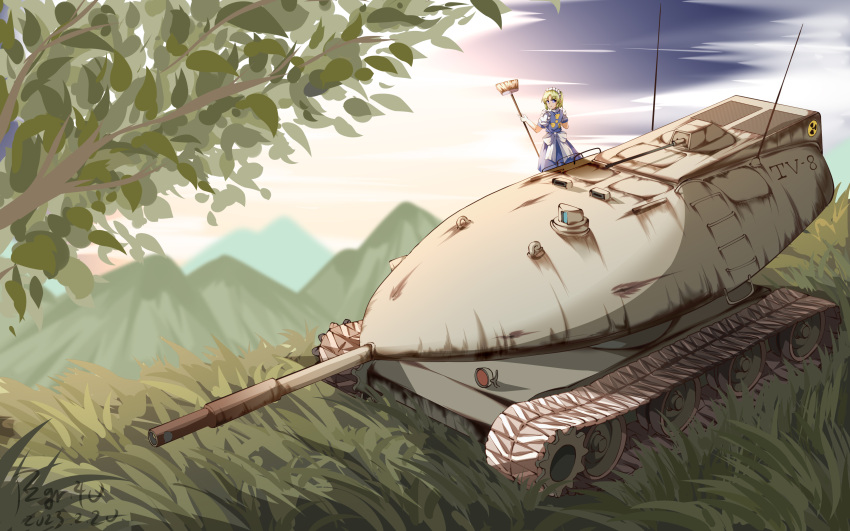 1girl absurdres blue_dress branch broom caterpillar_tracks chinese_commentary chrysler_tv-8 cloud commentary_request dress full_body highres holding holding_broom maid_headdress military_vehicle motor_vehicle mountain outdoors pzgr.40 radiation_symbol ruukoto sky solo tank touhou touhou_(pc-98) variant_set wide_shot