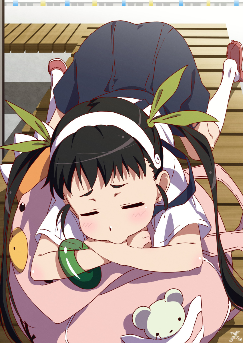 1girl absurdres backpack bag bandaid bandaid_on_knee bandaid_on_leg beak black_hair blue_skirt child closed_eyes commentary crossed_arms dot_nose from_above furrowed_brow green_bracelet green_ribbon hachikuji_mayoi hair_ribbon hairband highres kneeling light_blush long_hair lying makicha_(sasurainopink) monogatari_(series) on_stomach pier pink_bag puckered_lips red_footwear resting ribbon shirt shoe_dangle short_bangs short_sleeves sidelocks skirt socks solo stuffed_animal stuffed_toy suspender_skirt suspenders teddy_bear top-down_bottom-up twintails white_hairband white_shirt white_socks