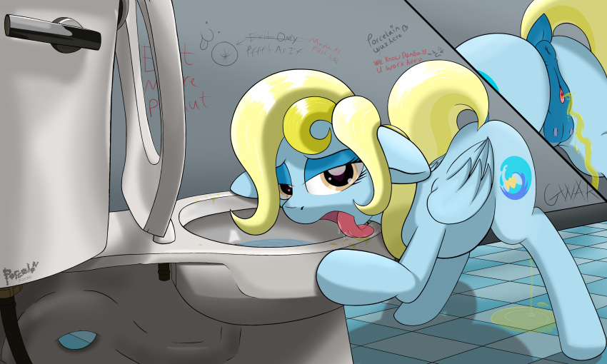 &lt;3 &lt;3_eyes 2022 absurd_res animal_genitalia animal_pussy anus aroused ass_up bathroom bedroom_eyes big_butt blonde_hair blonde_mane bodily_fluids butt clitoral_winking clitoris cutie_mark digital_media_(artwork) dirty dock drooling earth_pony english_text equid equine equine_anus equine_genitalia equine_pussy fan_character female feral filth floor friendship_is_magic genital_fluids genitals graffiti hair half-closed_eyes hasbro hi_res holding_on horse licking_toilet mammal mane my_little_pony narrowed_eyes pee_on_floor peeing pegasus pony porcelain_wave_(oc) porcelon puddle puffy_anus pussy raised_tail saliva seductive shadow signature slobber solo tail teats text tile tile_floor toilet toilet_play toilet_water toilet_worship urine urine_pool urine_stream watersports wings yellow_tail