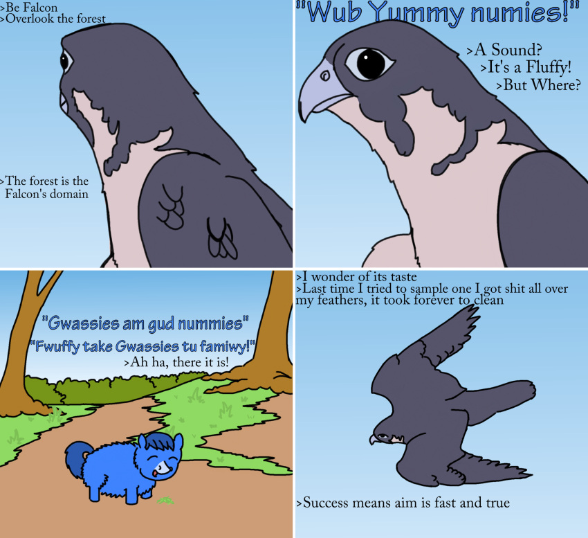 ambiguous_gender avian baby_talk bird blue_body blue_fur blue_hair dialogue duo english_text falcon falconid feral fluffy_pony fluffy_pony_(species) forest fur grass hair hi_res imminent_death imminent_violence imminent_vore mammal plant shrub text tree unknown_artist