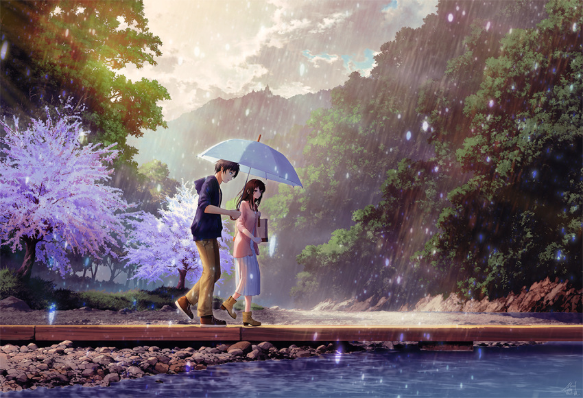 1boy 1girl ankle_boots bag blue_umbrella boots brown_footwear brown_hair commentary_request day forest hood hood_down hoodie long_hair looking_at_another mocha_(cotton) nature original outdoors pants rain revision river scenery shared_umbrella shoes shoulder_bag skirt sky smile tree umbrella walking water wide_shot