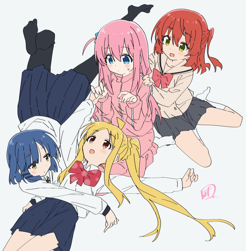 4girls :d blue_hair blush bob_cut bocchi_the_rock! cube_hair_ornament expressionless gotoh_hitori hair_ornament highres ijichi_nijika jacket kita_ikuyo long_hair looking_at_another lying lying_on_lap multiple_girls o_o on_back on_stomach one_side_up pants pantyhose pink_hair pink_jacket pink_pants pink_track_suit red_hair school_uniform shoulder_massage shuka_high_school_uniform side_ahoge smile socks sweatdrop take_shinobu track_jacket very_long_hair white_background white_socks yamada_ryo