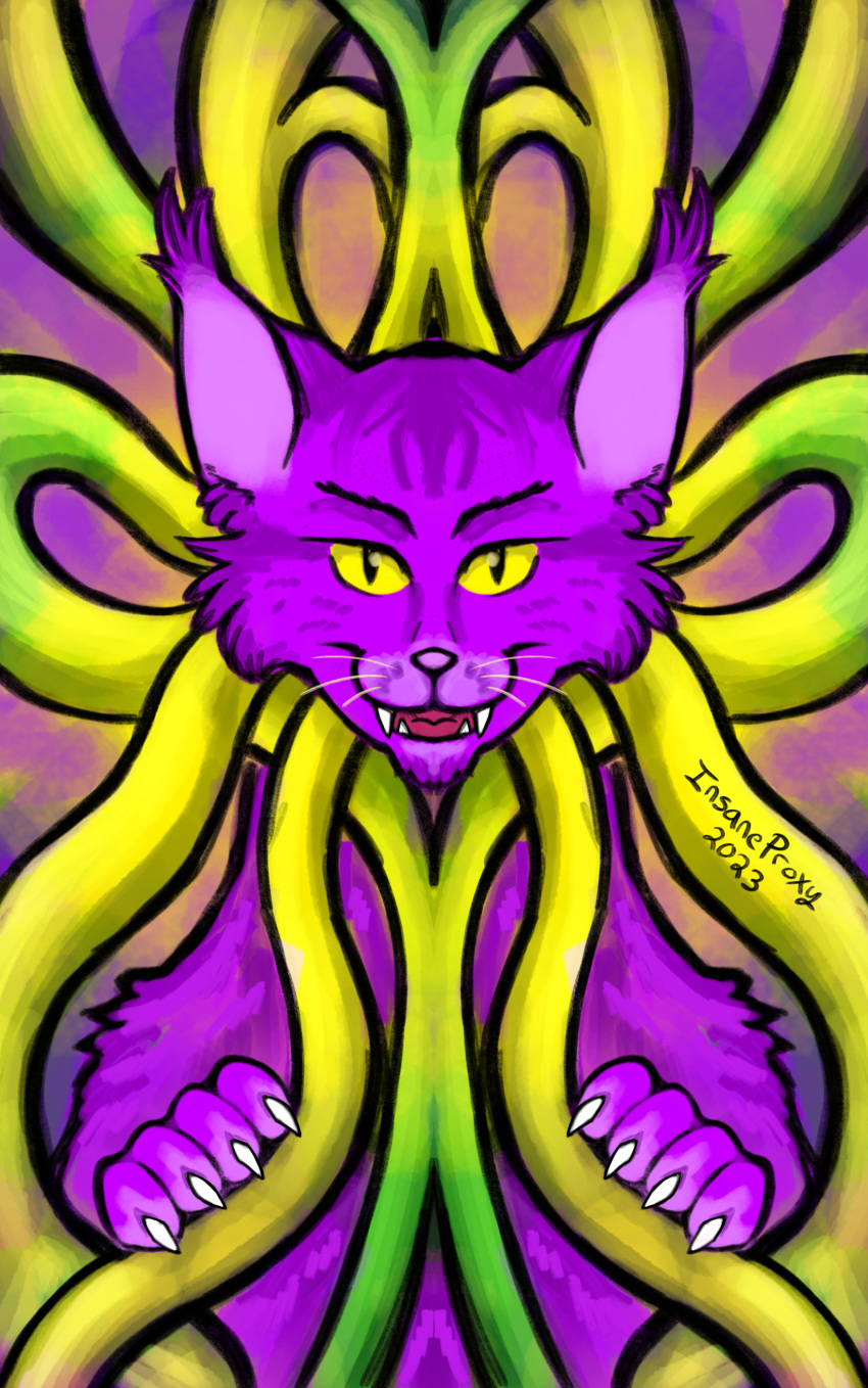 absurd_res ambiguous_gender felid feline feral fur hi_res insaneproxy_(artist) mammal open_mouth psychedelic purple_body purple_fur solo striped_body stripes yellow_eyes