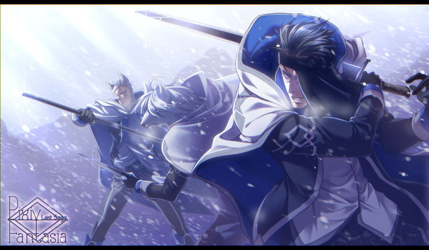 3boys animal_ears black_gloves black_hair cape copyright_name day furry gloves holding holding_sword holding_weapon killingrock long_sleeves male_focus multiple_boys outdoors pixiv_fantasia pixiv_fantasia_last_saga scar scar_on_face snow standing sword weapon white_hair zakhar_(pixiv_fantasia_last_saga)