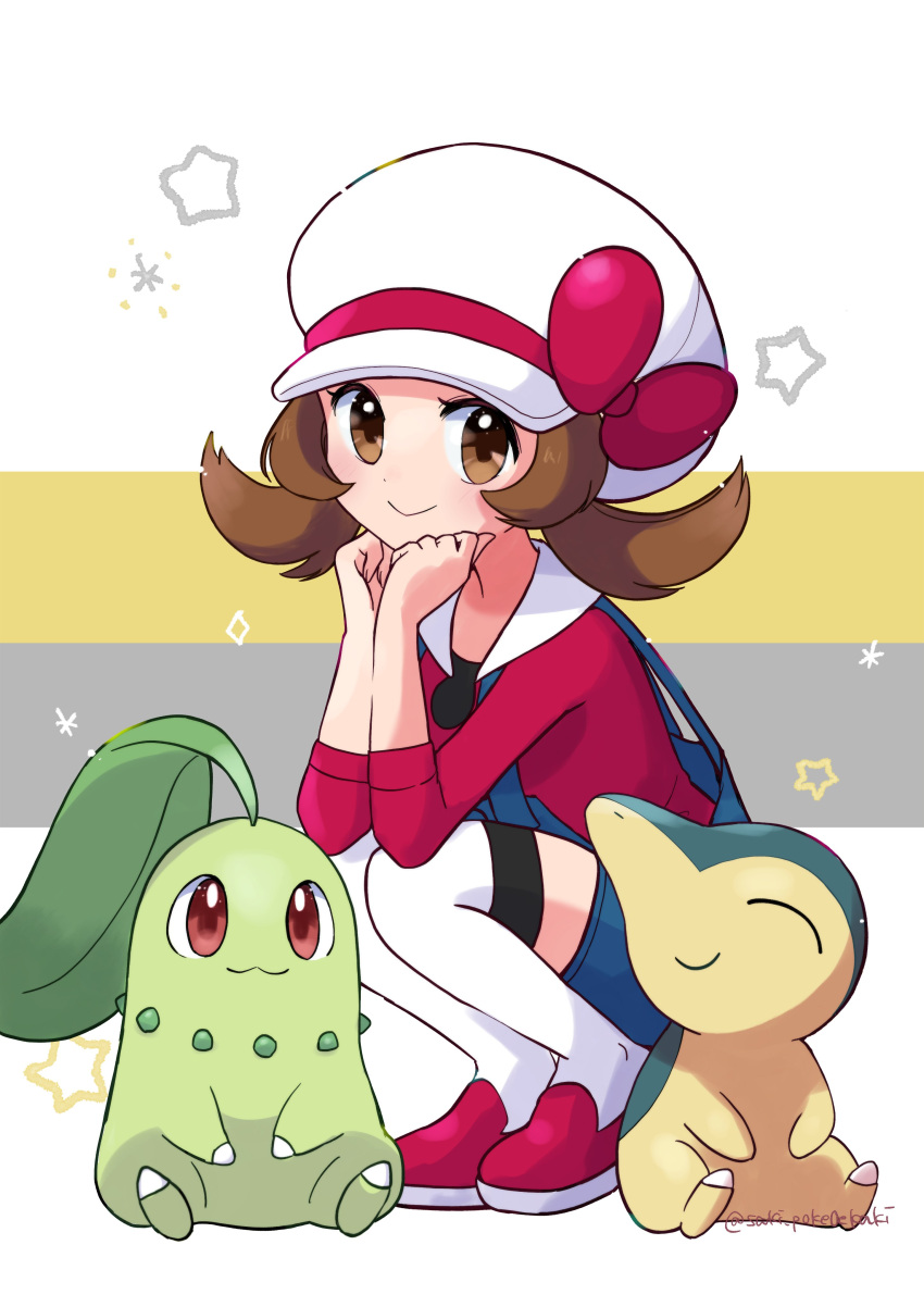 1girl absurdres blue_overalls bow brown_eyes brown_hair cabbie_hat chikorita cyndaquil hat hat_bow highres lyra_(pokemon) overalls pokemon pokemon_(creature) pokemon_(game) pokemon_hgss red_bow red_footwear red_shirt saki_pokeoekaki shirt sleeves_past_elbows smile squatting star_(symbol) thighhighs twintails twitter_username white_headwear