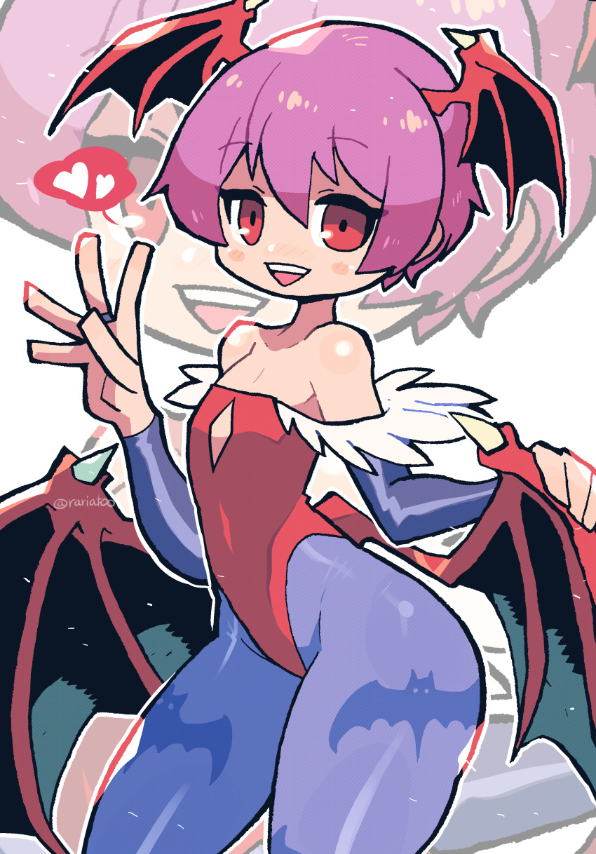1girl absurdres animal_print bare_shoulders bat_print bat_wings black_leotard blue_gloves blue_pantyhose blush_stickers breasts bridal_gauntlets cleavage closed_mouth demon_girl demon_wings detached_sleeves flat_chest gloves halftone hand_up head_wings highleg highleg_leotard highres leotard lilith_aensland long_hair looking_at_viewer notice_lines outline pantyhose pink_hair print_pantyhose purple_hair rariatto_(ganguri) red_eyes red_leotard shoes short_hair smile solo sparkle spread_wings strapless strapless_leotard thigh_gap thighs thong_leotard vampire_(game) white_outline wide_face wide_hips wings zoom_layer