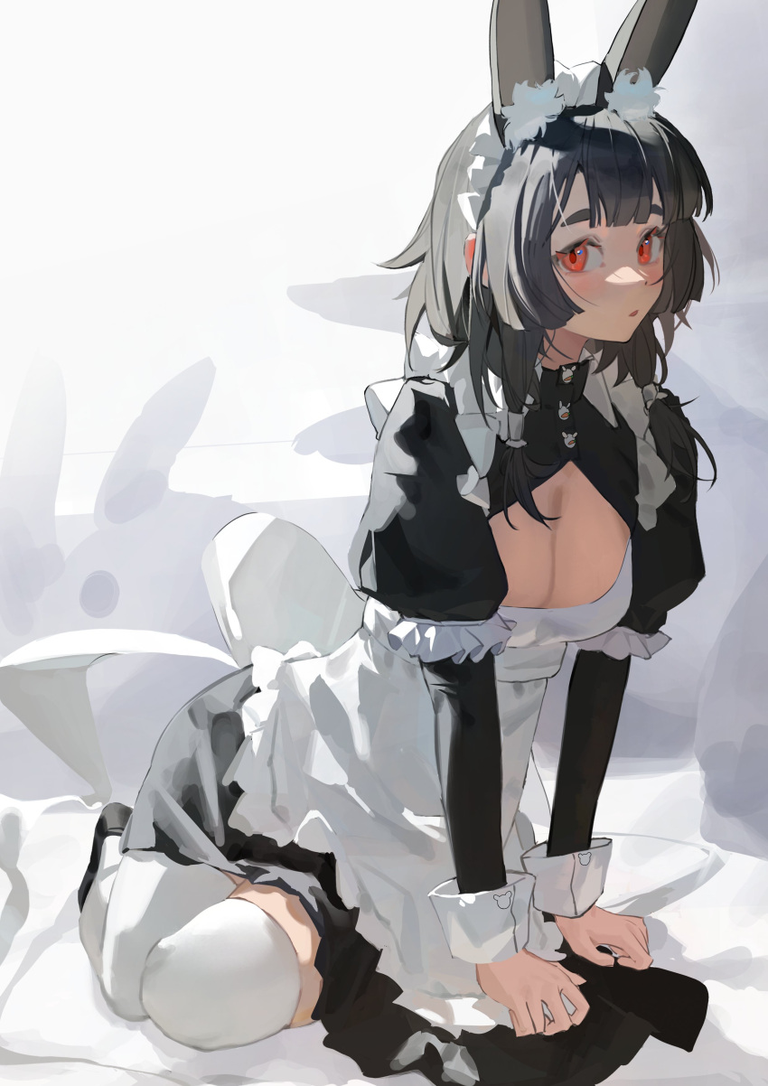 1girl absurdres animal_ears apron black_footwear black_hair blush breasts cleavage cleavage_cutout clothing_cutout frilled_sleeves frills highres juliet_sleeves long_sleeves looking_at_viewer maid_apron maid_headdress medium_hair original puffy_sleeves rabbit_ears red_eyes rosehip_t72 sleeve_cuffs solo thighhighs white_apron white_background white_thighhighs