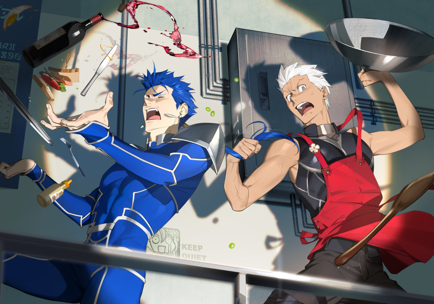 2boys absurdres archer_(fate) bare_arms black_shirt blue_bodysuit blue_hair bodysuit cu_chulainn_(fate) cu_chulainn_(fate/stay_night) earrings fate/grand_order fate_(series) food fujimaru_ritsuka_(female) grabbing_another's_hair handrail highres holding jewelry long_hair multiple_boys open_mouth peas red_wine riyo_(lyomsnpmp)_(style) sandwich shadow shirt short_hair sleeveless sleeveless_shirt spiked_hair spilling spotlight sweatdrop tobu_0w0 tray white_hair wire