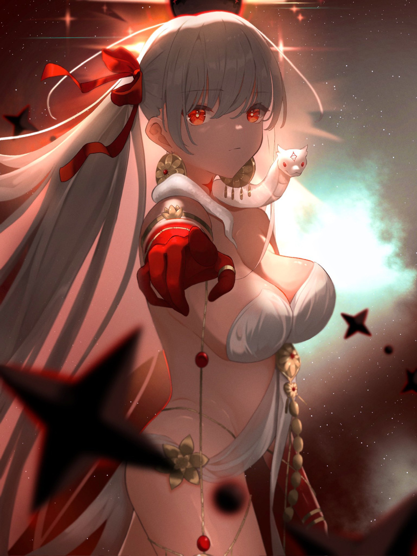 1girl 7tade_koko armlet backlighting bare_shoulders belly_chain body_markings bracelet breasts cleavage colored_skin durga_(fate) earrings fate/grand_order fate_(series) gradient_skin grey_hair hair_ribbon highres jewelry large_breasts long_hair looking_at_viewer outstretched_arm pelvic_curtain pointing pointing_at_viewer red_eyes red_skin revealing_clothes ribbon sash side_ponytail sky snake solo star_(sky) starry_sky thighs thumb_ring very_long_hair