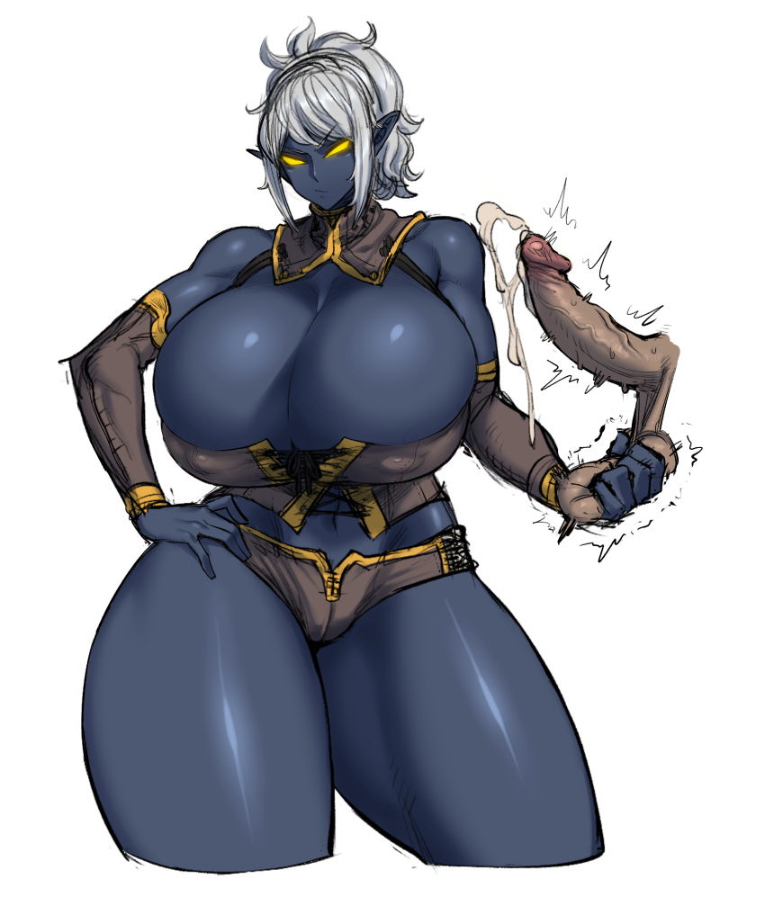1girl blue_skin breasts colored_sclera colored_skin cum dark_elf dark_skin disembodied_penis elf highres huge_breasts large_penis no_pupils non-web_source original penis pointy_ears ponytail solo spacezin squeezing_testicles testicle_grab testicles thick_thighs thighs twitching white_background white_hair wide_hips yellow_eyes yellow_sclera