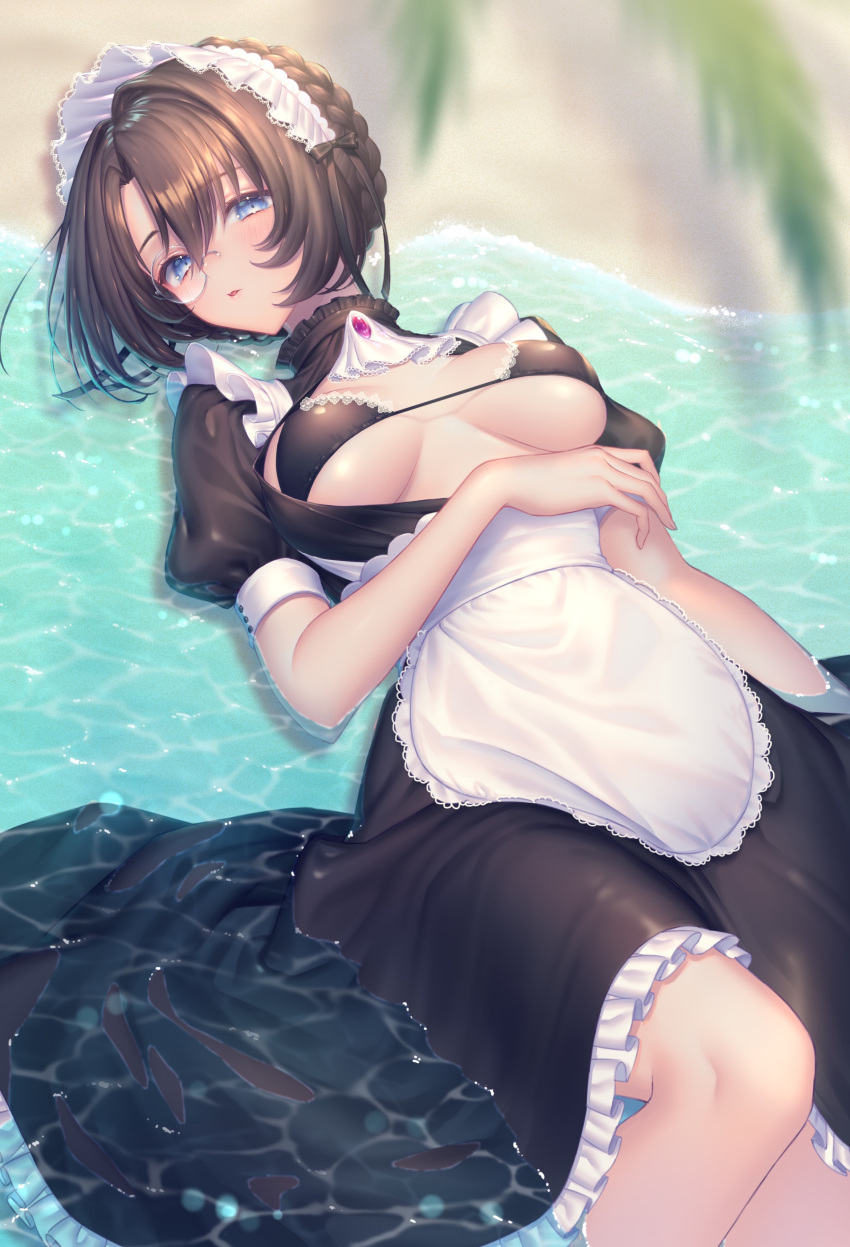 1girl absurdres apron bikini black_bikini black_dress black_hair breasts day dress grey_eyes highres knee_up looking_at_viewer lying maid maid_apron maid_headdress medium_breasts medium_hair monocle ocean on_back original outdoors partially_submerged sakura_shiho solo swimsuit water wet wet_clothes wet_dress