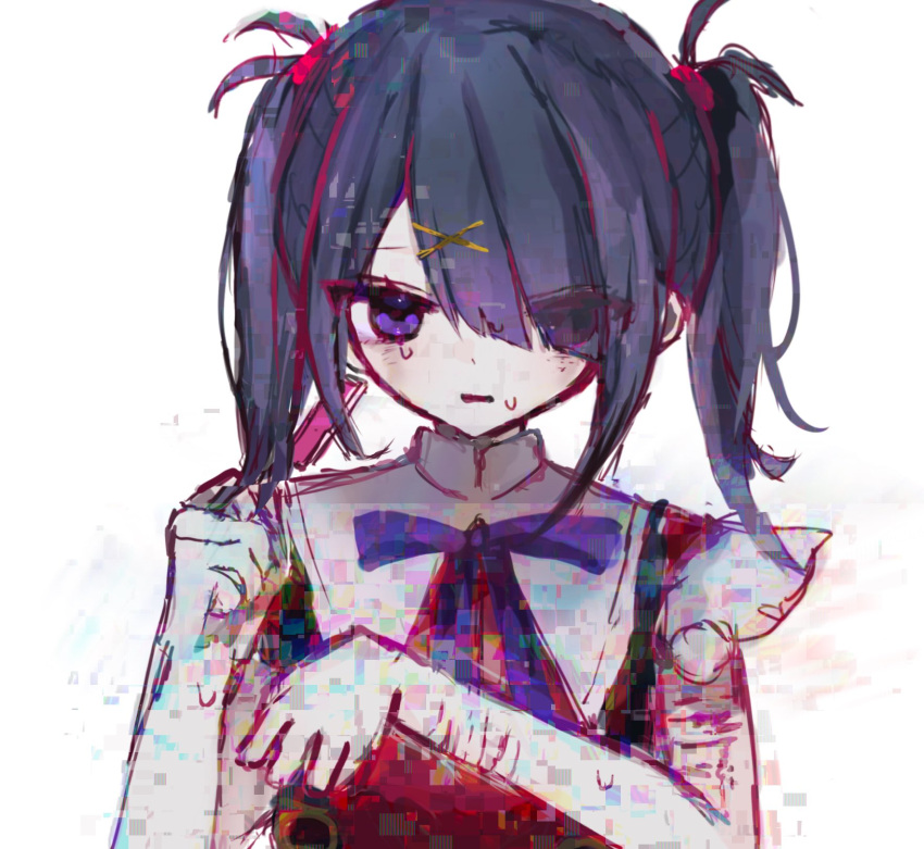 1girl ame-chan_(needy_girl_overdose) black_hair bleeding blood collared_shirt glitch hair_ornament hair_over_one_eye hair_tie hands_up highres holding_razor injury komachi_(mizorez1) long_hair looking_at_viewer neck_ribbon needy_girl_overdose open_mouth purple_eyes purple_ribbon red_shirt ribbon self-harm self-harm_scar shirt simple_background solo suspenders sweatdrop tearing_up twintails upper_body white_background wrist_cutting x_hair_ornament