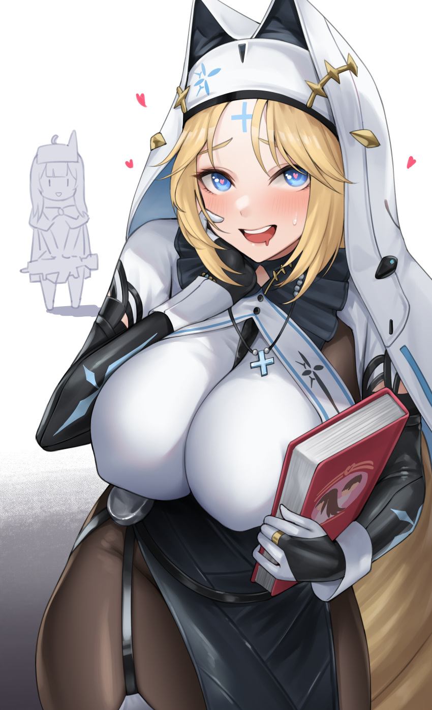 2girls absurdres black_gloves blonde_hair blue_eyes book breasts brown_pantyhose character_request commentary_request cross cross_necklace drooling garter_straps gloves goddess_of_victory:_nikke heart heart-shaped_pupils highres holding holding_book jewelry kurone_rinka large_breasts long_hair looking_at_viewer multiple_girls necklace nun open_mouth pantyhose rapunzel_(nikke) simple_background snow_white:_innocent_days_(nikke) symbol-shaped_pupils teeth upper_teeth_only white_background
