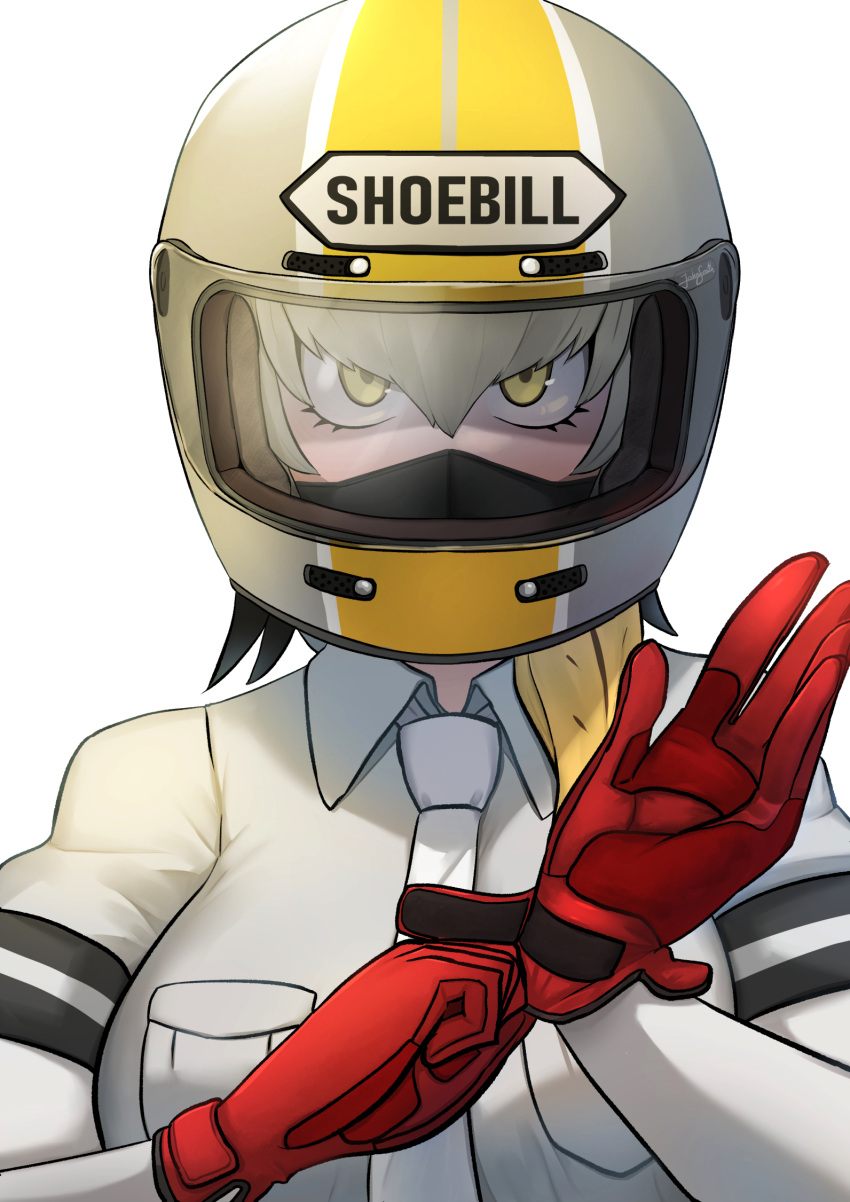 1girl adjusting_clothes adjusting_gloves blonde_hair brand_name_imitation breast_pocket character_name collared_shirt covered_mouth gloves grey_hair grey_shirt hair_between_eyes hands_up helmet highres john_(a2556349) kemono_friends layered_sleeves long_hair long_sleeves looking_at_viewer motorcycle_helmet multicolored_hair necktie pocket shirt shoebill_(kemono_friends) shoei short_over_long_sleeves short_sleeves side_ponytail solo upper_body white_necktie wing_collar yellow_eyes