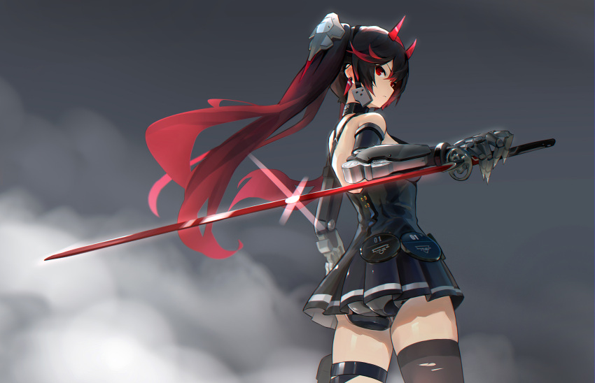 1girl banxuan_c2ka black_dress black_hair black_pants black_thighhighs dress earrings fake_horns from_behind from_below gradient_hair hair_between_eyes headgear highres holding holding_sword holding_weapon horns jewelry katana lucia:_dawn_(punishing:_gray_raven) lucia_(punishing:_gray_raven) mechanical_arms multicolored_hair pants parted_bangs punishing:_gray_raven red_eyes red_hair red_horns sidelocks single_thighhigh solo streaked_hair sword thigh_strap thighhighs weapon