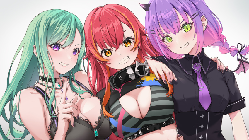 3girls absurdres bikini bikini_top_only black_bikini black_collar black_nails black_ribbon black_shirt blush bra breasts cleavage collar demon_girl demon_horns demon_wings ear_piercing green_hair grey_bikini grey_bra hair_between_eyes hair_ornament hairclip hand_on_another's_shoulder head_tilt highres hololive horns index_finger_raised jewelry large_breasts long_hair looking_at_viewer medium_breasts medium_hair midriff multicolored_hair multiple_girls necklace necktie nekota_tsuna orange_eyes orange_hair paint_splatter pearl_necklace piercing purple_eyes purple_hair purple_necktie red_hair ribbon ruo shirt shrug_(clothing) smile streaked_hair swimsuit tokoyami_towa underbust underwear v-shaped_eyebrows virtual_youtuber vspo! white_background wings yakumo_beni