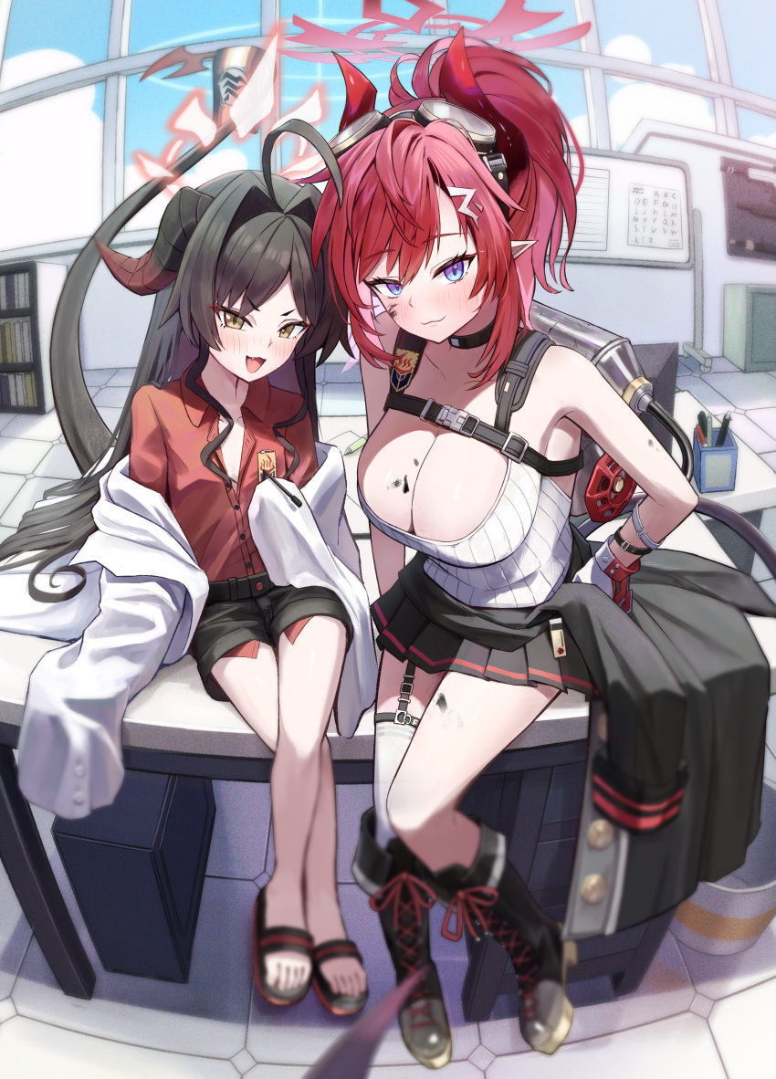 2girls :3 absurdres ahoge bare_shoulders black_footwear black_hair black_shorts black_skirt blue_archive blue_eyes blue_sky boots breasts cleavage closed_mouth cloud collarbone cross-laced_footwear crossed_legs demon_girl demon_horns demon_tail desk flat_chest hair_intakes halo harness highres horns huge_ahoge huge_breasts indoors jacket kasumi_(blue_archive) legwear_garter long_hair looking_at_viewer megu_(blue_archive) multiple_girls narrowed_eyes office on_desk onafuku open_mouth partially_unbuttoned pleated_skirt pointy_ears ponytail red_armband red_hair red_shirt sandals shirt short_hair short_shorts shorts single_thighhigh sitting skirt sky smile tail thighhighs very_long_hair white_jacket whiteboard window yellow_eyes