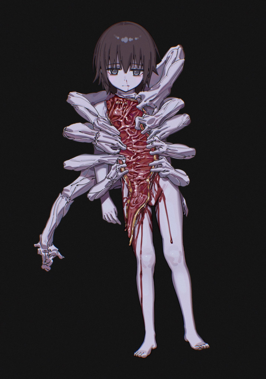 1girl bags_under_eyes bleeding blood brown_hair closed_mouth commentary_request completely_nude deep_wound dutch_angle exposed_bone expressionless extra_arms flesh full_body grey_eyes guro half-closed_eyes highres injury looking_at_viewer monster nosebleed nude organs original ryuuforkaf short_hair skinning solo straight-on