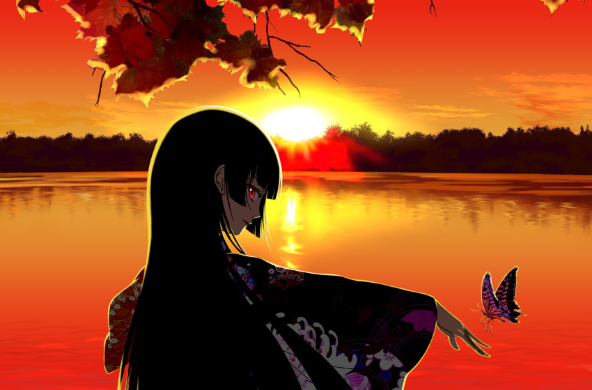 1girl autumn_leaves black_hair blunt_bangs bug butterfly closed_mouth cloud commentary_request enma_ai floral_print floral_print_kimono from_side hand_up highres hime_cut horizon japanese_clothes jigoku_shoujo kimono leaf long_hair long_sleeves looking_at_viewer maple_leaf obi outdoors print_kimono profile red_eyes red_sky sash scenery sion_(banerye123456) sky solo sunset tree upper_body water wide_sleeves