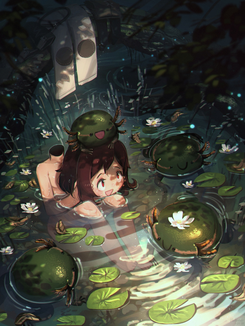 1girl animal_on_head bathing disembodied_head dullahan enne_(porforever) fantasy flower headless highres holding_head lake lily_pad nude on_head original partially_submerged porforever red_eyes red_hair twintails water_lily_flower