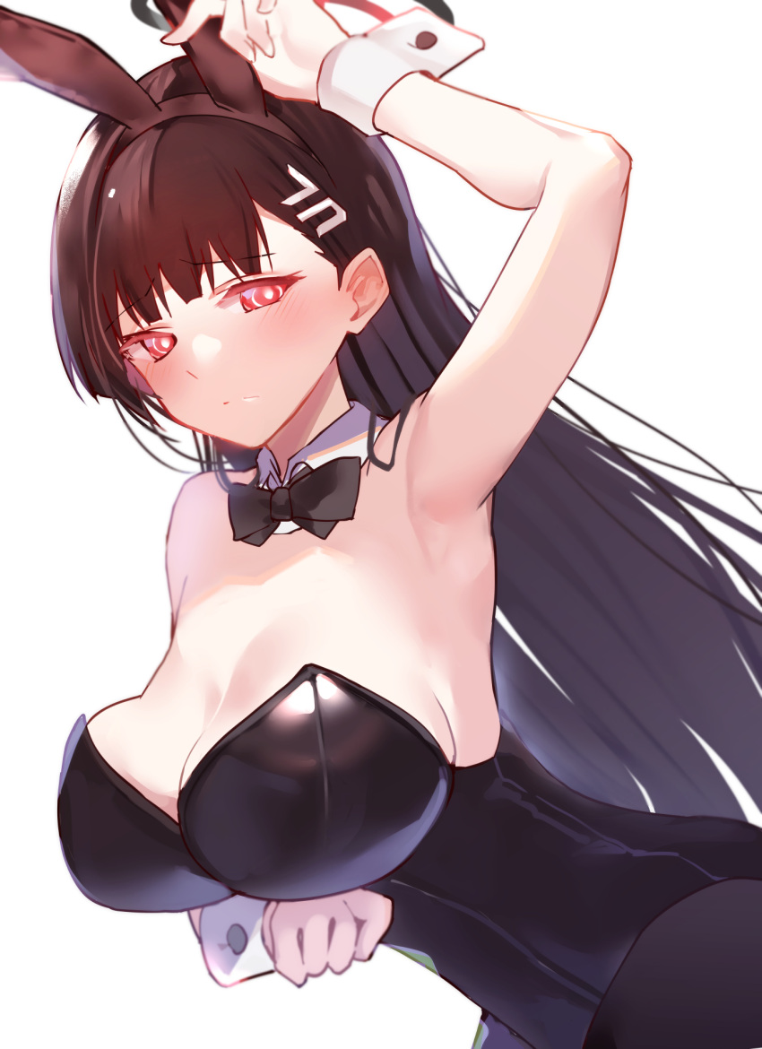 1girl animal_ears arito_arayuru armpits bangs black_hair black_pantyhose blue_archive blush bow bowtie breasts cleavage detached_collar fake_animal_ears hair_ornament hairclip halo highres long_hair paid_reward_available pantyhose playboy_bunny rabbit_ears red_eyes rio_(blue_archive) simple_background solo white_background wrist_cuffs