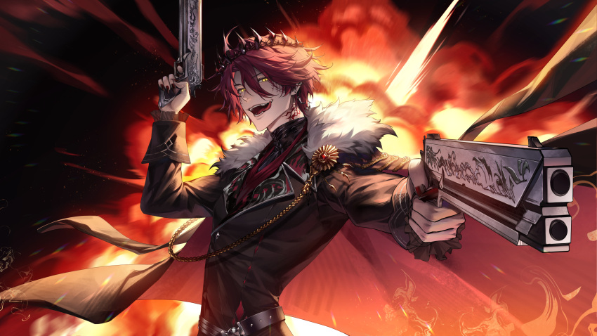 1boy churro_sama coat coat_on_shoulders crown dual_wielding earrings english_commentary explosion fire foreshortening frilled_sleeves frills fur-trimmed_coat fur_trim glowing glowing_eyes gun hair_between_eyes highres holding holding_gun holding_weapon holostars holostars_english jewelry jurard_t_rexford light_particles long_coat looking_at_viewer male_focus nail_polish open_mouth red_hair sharp_teeth short_hair slit_pupils smile solo teeth tongue tongue_out virtual_youtuber weapon yellow_eyes