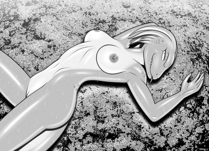 2023 anthro breasts deadmann female genitals greyscale grin hi_res karma_(deadmann) lizard looking_at_viewer lying monochrome nipples nude on_back portrait pussy reptile scalie smile solo three-quarter_portrait wet