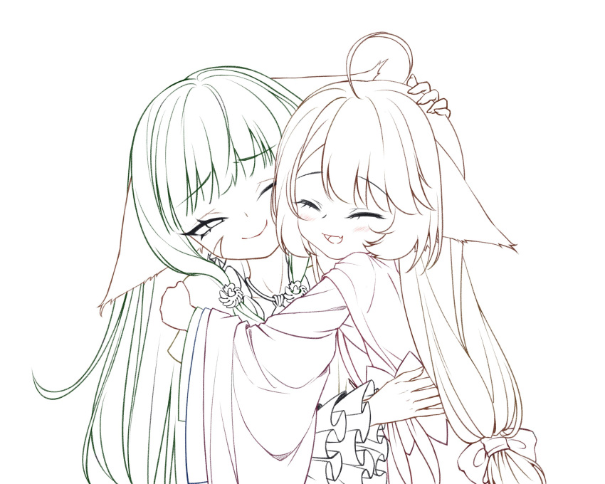 2girls ;) absurdres ahoge animal_ears blush chinese_clothes closed_eyes cloud dress ears_down facial_mark fang fox_ears frilled_sleeves frills hand_on_another's_head hand_on_another's_shoulder hanfu headpat highres hug huyao_xiao_hongniang kumu_zaisheng lineart long_hair long_sleeves low-tied_long_hair multiple_girls one_eye_closed open_mouth partially_colored siblings sisters skin_fang smile tushan_rongrong tushan_susu upper_body very_long_hair wide_sleeves