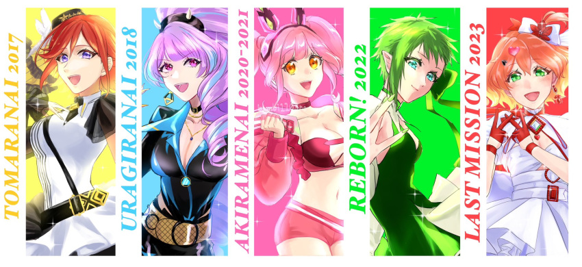 5girls animal_ears anno_(bambi1103no) belt black_belt black_bodysuit black_collar black_headwear blonde_hair blue_background blue_eyes blue_hair blush bodysuit boots bow bra breasts brown_belt choker cleavage cleavage_cutout clenched_hand clothing_cutout collar collarbone colored_tips column_lineup cropped_jacket double_v dress drill_hair earrings fake_animal_ears freyja_wion frilled_bracelet gloves green_background green_bow green_dress green_eyes green_footwear green_nails hair_behind_ear hair_bow hair_ornament hair_ribbon hairband hand_on_own_chest head_tilt heart heart_hair_ornament highres jacket jewelry kaname_buccaneer long_hair looking_at_viewer looking_to_the_side looking_up macross macross_delta makina_nakajima medium_breasts medium_hair mikumo_guynemer multicolored_hair multiple_girls navel open_mouth pink_background pink_bra pink_hairband pink_jacket pointy_ears ponytail puffy_short_sleeves puffy_sleeves purple_eyes purple_hair red_background red_choker red_gloves red_hair reina_prowler ribbon short_hair short_sleeves shrug_(clothing) single_earring single_sleeve small_breasts smile sparkle strapless strapless_bra streaked_hair thigh_boots twintails underwear v v-shaped_eyebrows very_long_hair w walkure_(macross_delta) white_belt white_bow white_dress yellow_background yellow_ribbon