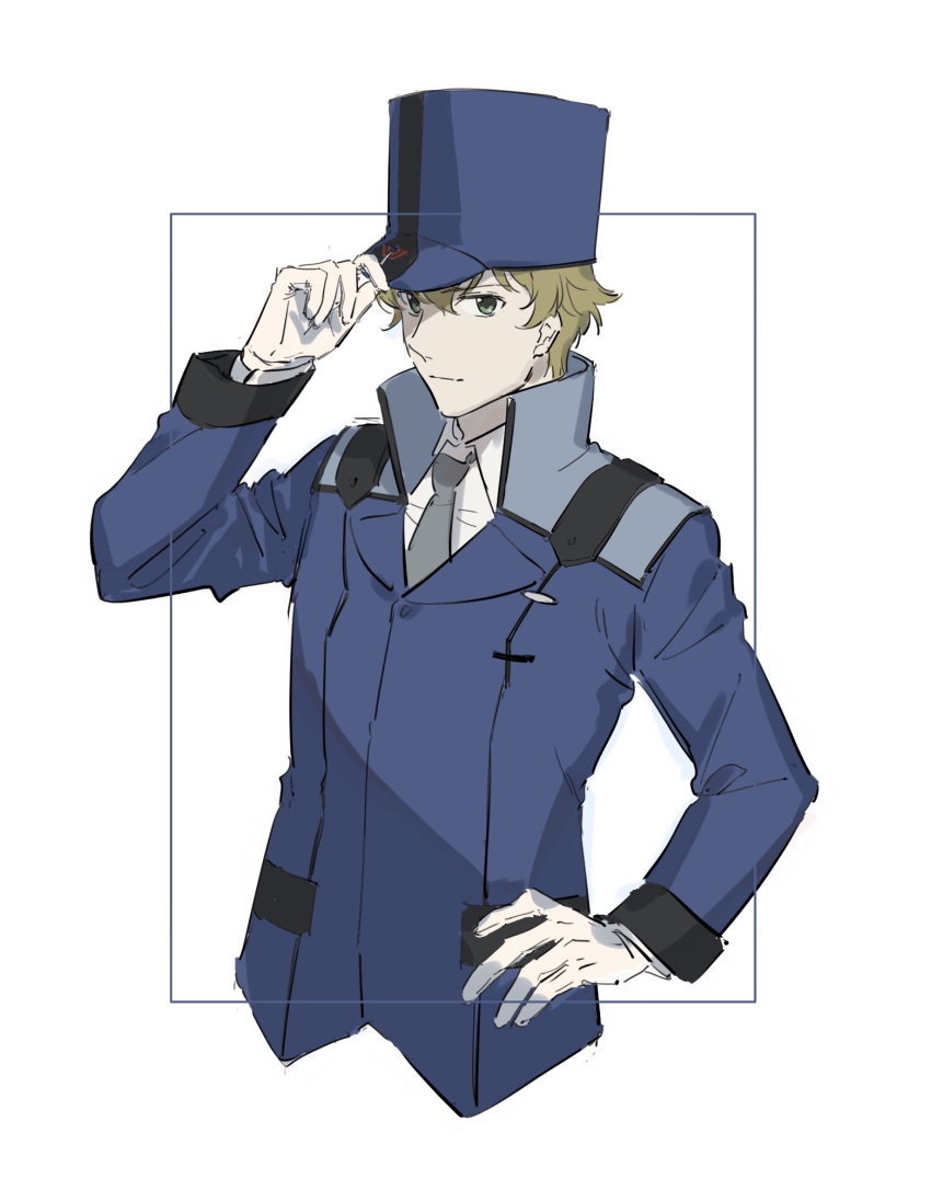 1boy blonde_hair blue_border blue_headwear blue_jacket border closed_mouth collared_shirt commentary_request gloves graham_aker green_eyes grey_necktie gundam gundam_00 hair_between_eyes hand_on_own_hip hat highres holding holding_clothes holding_hat jacket long_sleeves looking_at_viewer military_hat nanao_parakeet necktie shirt short_hair simple_background solo top_hat upper_body very_short_hair white_background white_gloves white_shirt