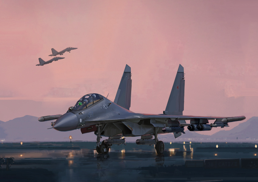 absurdres aircraft airplane fighter_jet highres jet kh-29 landing landing_gear military_vehicle mirroraptor mountainous_horizon original r-73_vympel red_star rocket_pods runway runway_lights star_(symbol) su-30 vehicle_focus