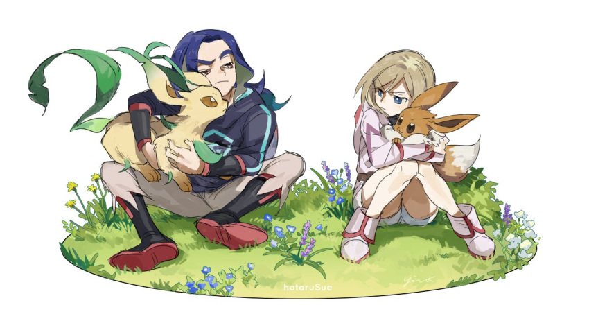 1boy 1girl adaman_(pokemon) aged_down black_footwear blonde_hair blue_eyes blue_hair boots closed_mouth commentary_request diamond_clan_outfit eevee flower frown grass holding holding_pokemon irida_(pokemon) jacket leafeon long_hair pants pearl_clan_outfit pokemon pokemon_(creature) pokemon_(game) pokemon_legends:_arceus shorts sitting white_background yinghuo