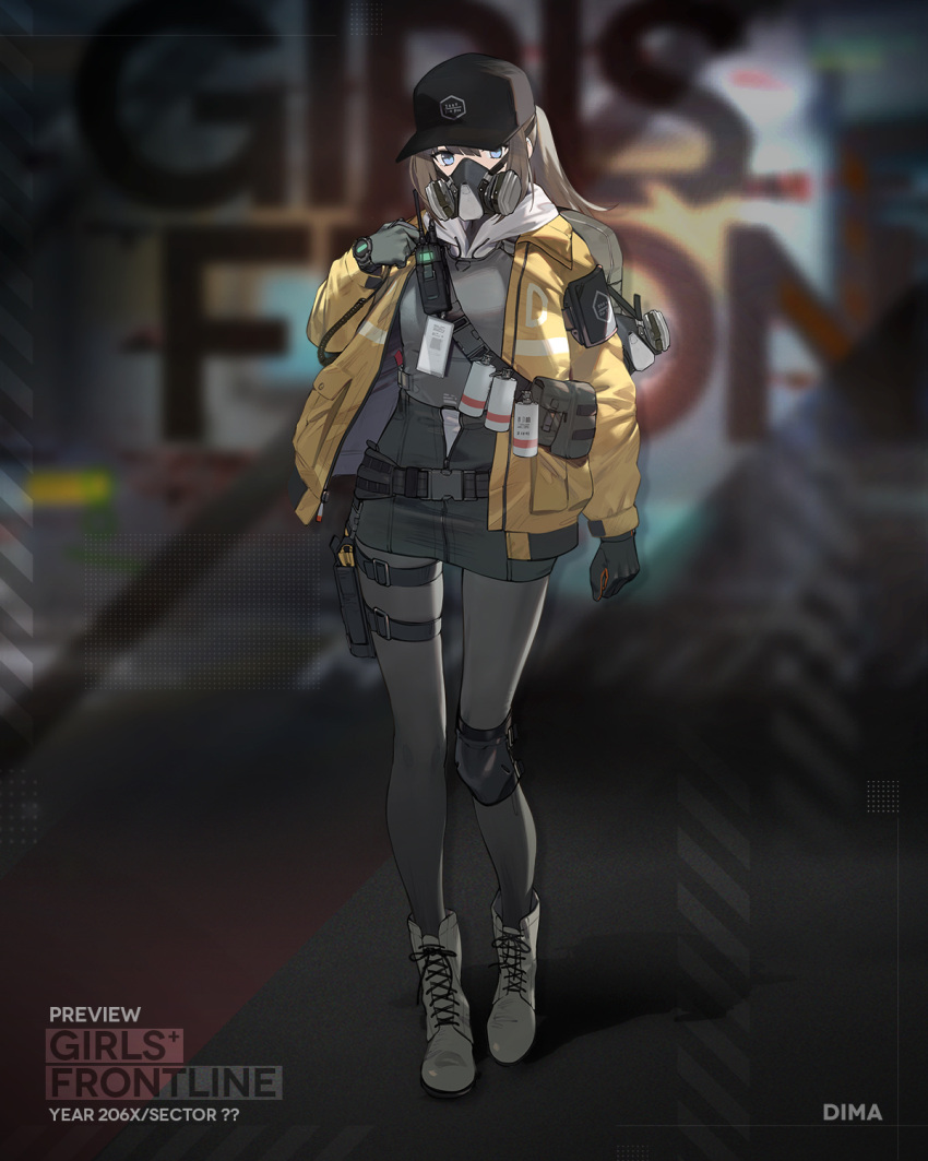 1girl alternate_costume april_fools armband backpack bag baseball_cap belt black_pantyhose black_skirt blue_eyes boots brown_hair character_name commentary copyright_name costume cross-laced_footwear dima_(girls'_frontline) duoyuanjun english_commentary explosive full_body gas_mask girls'_frontline gloves grenade grey_footwear grey_gloves grey_shirt hat highres holster holstered jacket knee_pads lace-up_boots long_hair looking_at_viewer mask official_art pantyhose promotional_art shirt single_knee_pad skirt snap-fit_buckle solo standing tactical_clothes thigh_holster tom_clancy's_the_division walkie-talkie watch wristwatch yellow_jacket