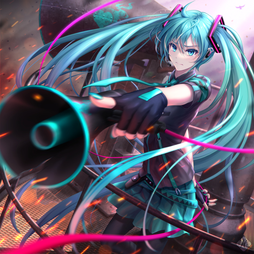 1girl absurdly_long_hair absurdres bangs black_gloves black_pantyhose blue_eyes blue_hair blue_nails blue_necktie blue_skirt blurry blurry_foreground closed_mouth dress_shirt fingerless_gloves floating_hair gloves grey_shirt hair_between_eyes hanegaito hatsune_miku headset highres holding holding_megaphone koi_wa_sensou_(vocaloid) long_hair megaphone microphone miniskirt nail_polish necktie outdoors pantyhose pleated_skirt shirt short_sleeves skirt standing twintails very_long_hair vocaloid