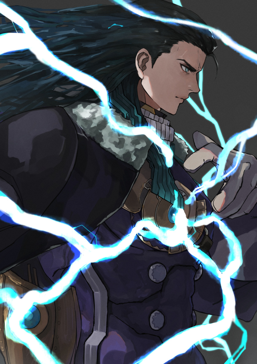 1boy black_hair blue_eyes coat coat_on_shoulders electricity fate/grand_order fate_(series) gauntlets gloves grey_background highres kdm_(ke_dama) long_hair male_focus nikola_tesla_(fate) profile single_gauntlet white_gloves