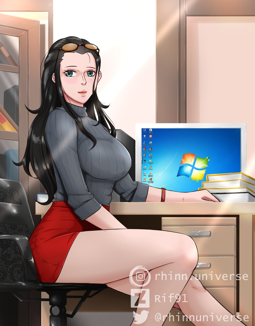 1girl absurdres alternate_costume artist_name black_hair blue_eyes blush book closed_mouth commentary computer desk english_commentary eyewear_on_head formal highres laptop long_hair looking_at_viewer nico_robin office office_lady on_desk one_piece rif91 sitting smile solo watermark web_address windows_7