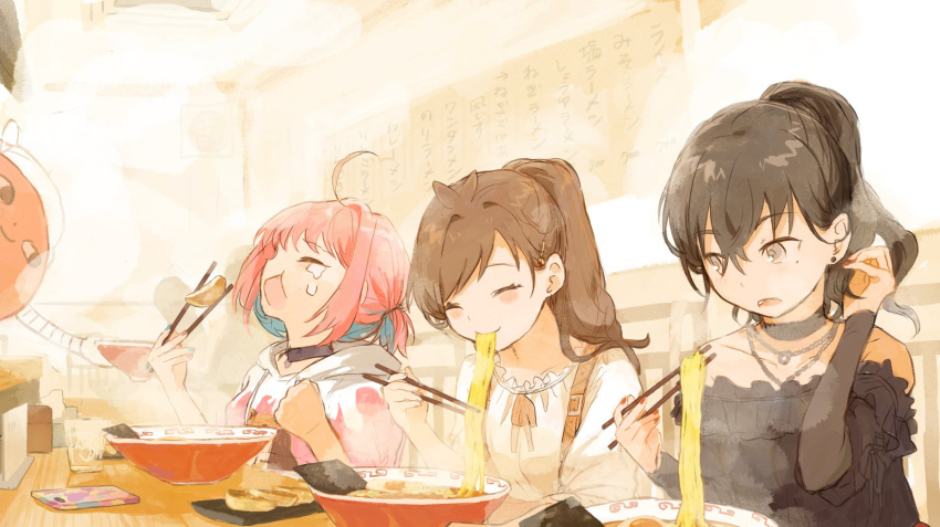 #unicus_(idolmaster) 3girls ^_^ alternate_hairstyle antenna_hair black_choker blue_hair blush brown_hair choker chopsticks closed_eyes collarbone dumpling earrings eating food goto_(cach8237) highres holding holding_chopsticks idolmaster idolmaster_cinderella_girls jewelry jiaozi mole mole_under_eye multicolored_hair multiple_girls necklace noodles off-shoulder_shirt off_shoulder pink_hair ponytail ramen restaurant ringorou_(idolmaster) shirt short_ponytail steam stud_earrings sunazuka_akira suspenders teardrop tears tsujino_akari two-tone_hair yumemi_riamu