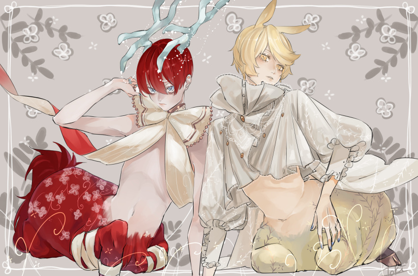 2boys absurdres androgynous animal_ears antler_ornament antlers bandages blonde_hair blue_eyes blue_nails bright_pupils centauroid closed_mouth collar crop_top cropped_shirt deer_antlers deer_boy deer_ears frilled_collar frilled_sleeves frills full_body grey_background hand_up high_collar highres hooves huge_bow indasu10 long_sleeves looking_at_viewer male_focus midriff monster_boy multiple_boys no_shirt original parted_lips puffy_long_sleeves puffy_sleeves red_fur red_hair short_hair sitting taur two-sided_fabric very_short_hair yellow_eyes yellow_fur