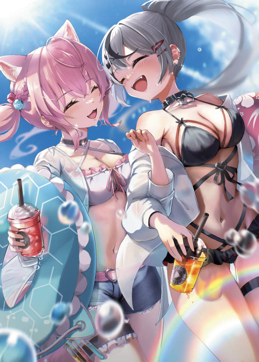 2girls :3 ^_^ absurdres animal_ears antenna_hair aqua_innertube arm_hug armpit_crease bare_shoulders belt belt_collar bikini black_belt black_bikini black_choker black_collar black_hair blue_shorts blue_sky blush braid braided_bangs breasts choker chromatic_aberration cleavage closed_eyes cloud cloudy_sky collar collarbone commentary cube_hair_ornament cup day denim denim_shorts drinking_straw ear_piercing earrings fang fingernails frilled_bikini frills glint grey_hair groin hair_between_eyes hair_ornament hairclip hakui_koyori happy heart heart_choker heart_hair_ornament heart_o-ring hexagon_print high_ponytail highres holding holding_cup hololive innertube jewelry large_breasts lens_flare long_hair long_sleeves multicolored_hair multiple_earrings multiple_girls navel open_clothes open_mouth open_shirt outdoors piercing pink_belt pink_hair ponytail print_innertube red_innertube saka_mikatsuki sakamata_chloe shirt shorts sky smile smoothie stomach streaked_hair sunlight swimsuit tail teeth test_tube thigh_pouch thigh_strap thighs two-tone_hair upper_teeth_only virtual_youtuber water_drop white_bikini white_shirt wolf_ears wolf_girl wolf_tail x_hair_ornament yuri