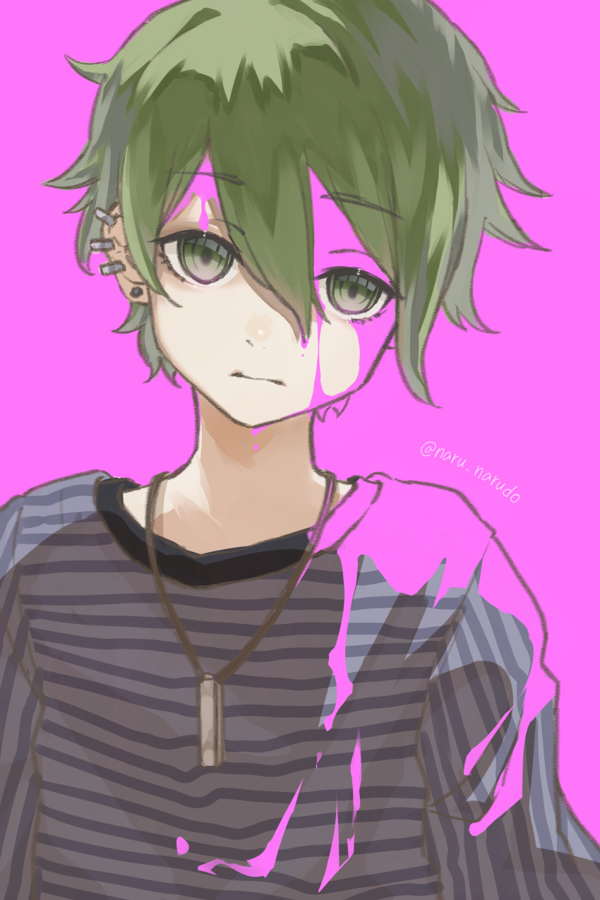 1boy absurdres amami_rantarou artist_name blood blood_on_clothes blood_on_face closed_mouth commentary_request danganronpa_(series) danganronpa_v3:_killing_harmony ear_piercing earrings green_eyes green_hair hair_between_eyes highres jewelry long_sleeves male_focus narudo_(urhv8357) necklace piercing pink_background pink_blood shirt short_hair smile solo striped striped_shirt upper_body